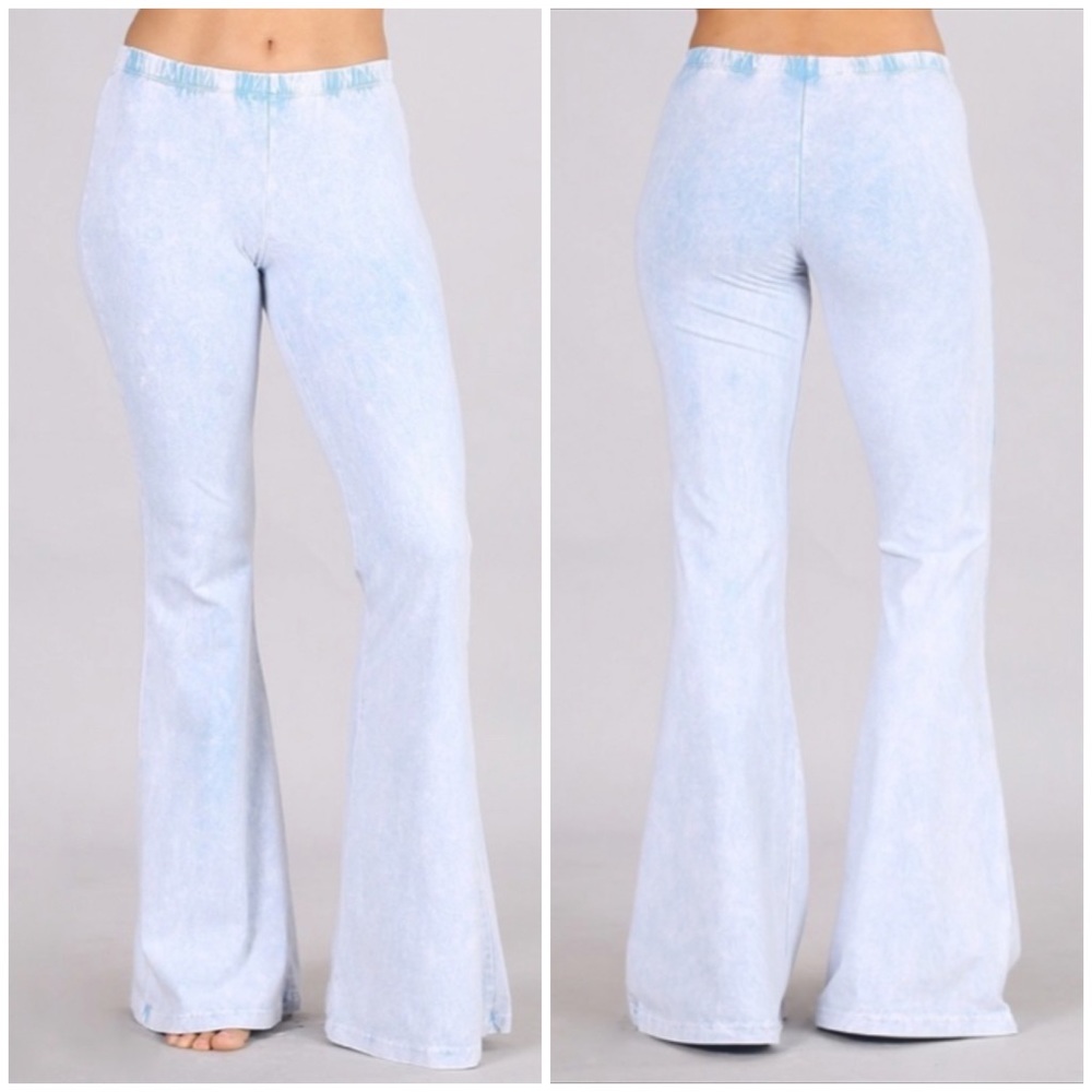 Light Powder Blue Boho Mineral Wash Stretch Flared Bell Bottom Casual Pants